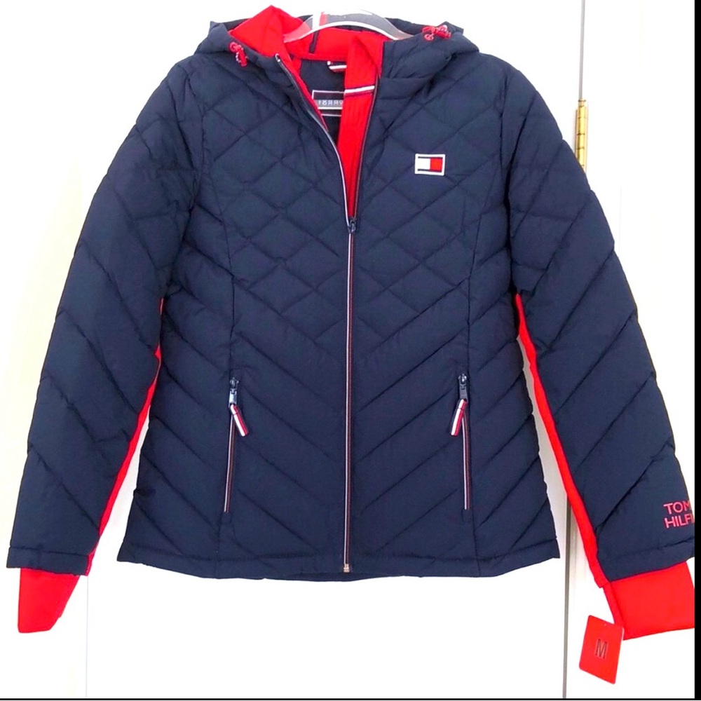 New Tommy Hilfiger women’s hooded  jacket.  Size M.  Navy with red.  Super cute!